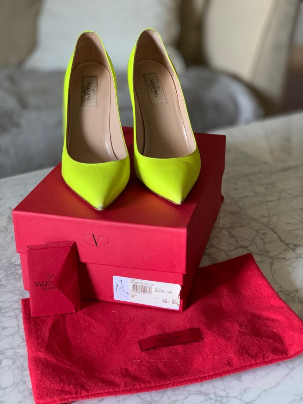 Valentino Garavani Neon Yellow Pointed Leather Pumps